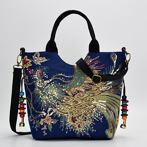 

women canvas embroidery peacock pattern ethnic style multi-carry handbag crossbody bag shoulder bag