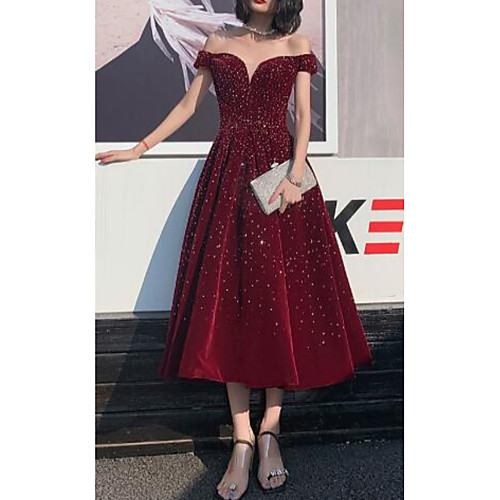 

A-Line Sparkle Elegant Wedding Guest Prom Dress V Neck Short Sleeve Tea Length Sequined with Pleats Sequin 2021