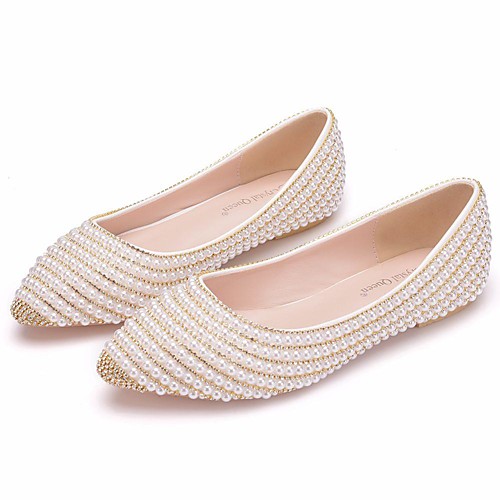 

Women's Wedding Shoes Flat Heel Pointed Toe Wedding Flats Vintage Sexy Minimalism Wedding Party & Evening PU Rhinestone Pearl Sparkling Glitter Solid Colored Beige