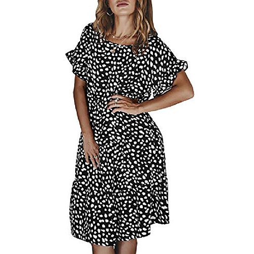 

casual dress women short sleeve leopard midi dress knee length ruffles beach dress loose dress black small