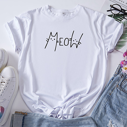 

Women's T shirt Cat Graphic Animal Print Round Neck Tops 100% Cotton Basic Basic Top White Blue Red
