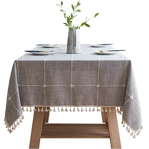 

Checkered Embroidered Tablecloth Pure Color Cotton And Linen Cloth Tassels Rectangular Coffee Table Dining Table Mat