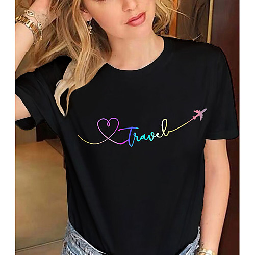 

Women's T shirt Graphic Text Print Round Neck Tops 100% Cotton Basic Basic Top White Black