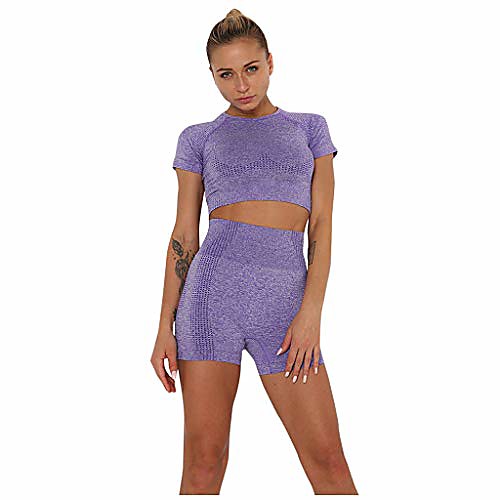 

Women's 2 Piece Seamless Tracksuit Tummy Control Tummy Control Stretch Butt Lifting and Casual T-Shirt Tops Suit Purple