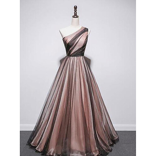 

A-Line Color Block Celebrity Style Engagement Prom Dress One Shoulder Sleeveless Floor Length Tulle with Pleats Overskirt 2021
