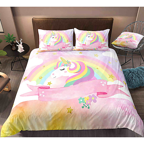 

Cartoon Unicorn 3-Piece Duvet Cover Set Hotel Bedding Sets Comforter Cover with Soft Lightweight Microfiber, Include 1 Duvet Cover, 2 Pillowcases for Double/Queen/King(1 Pillowcase for Twin/Single)