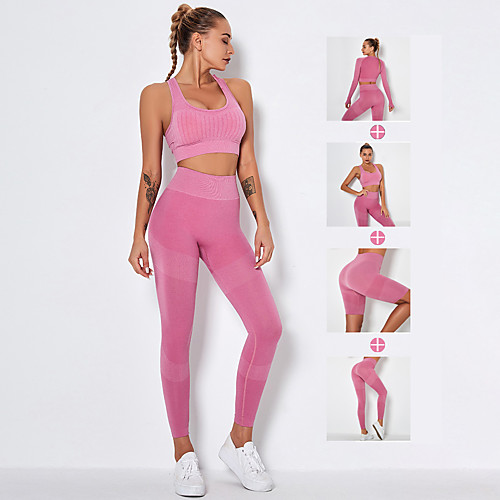 

Women's 4pcs Yoga Suit Jacquard Black Purple Red Yoga Fitness Gym Workout Shorts Sports Bra Cropped Leggings Long Sleeve Sport Activewear Tummy Control Butt Lift Breathable Quick Dry High Elasticity