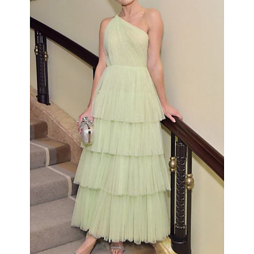 

A-Line Celebrity Style Vintage Prom Formal Evening Dress One Shoulder Sleeveless Ankle Length Tulle with Pleats Tier 2021