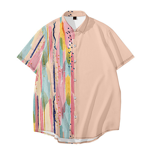 

Men's Shirt 3D Print Color Block Button-Down 3D Print Short Sleeve Daily Tops Casual Fashion Blue Yellow Blushing Pink