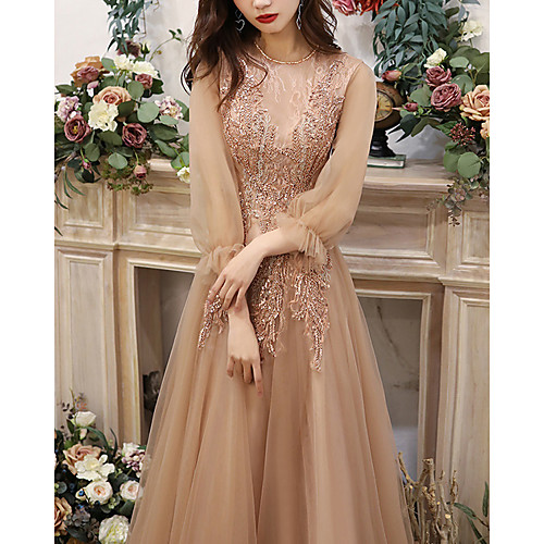 

A-Line Elegant Vintage Wedding Guest Prom Dress Jewel Neck Long Sleeve Floor Length Tulle with Pleats Appliques 2021