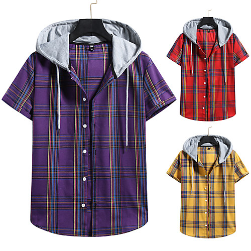 

Men's Shirt non-printing Lattice Color Block Plus Size Drawstring Short Sleeve Daily Tops Vintage Streetwear Purple Red Yellow