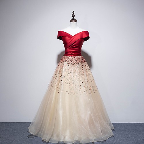 

A-Line Color Block Sparkle Engagement Prom Dress Off Shoulder Short Sleeve Floor Length Tulle with Pleats Sequin 2021