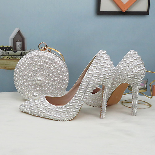 

Women's Wedding Shoes Pumps Pointed Toe Wedding Pumps Vintage Sexy Minimalism Wedding Party & Evening PU Pearl Imitation Pearl Solid Colored White