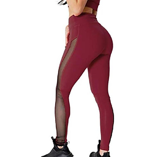 

Womens High Waist Basic Mesh Yoga Bodysuit Legging Sports Long Pants Wine red XS