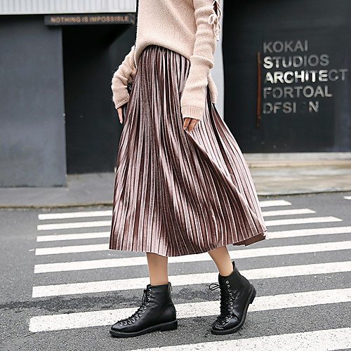 

Women's Going out Casual / Daily Elegant Streetwear Skirts Solid Colored Pleated Black Light Brown Khaki