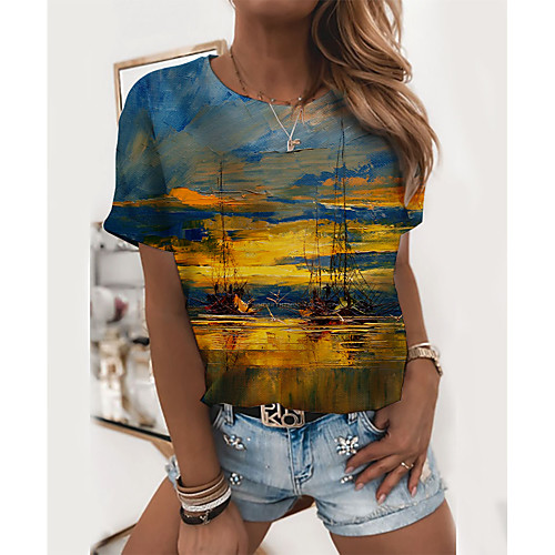 

Women's T shirt Graphic Scenery Print Round Neck Tops Basic Beach Basic Top Blue
