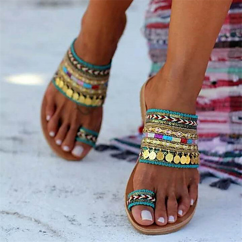 

Women's Sandals Boho Bohemia Beach Flat Sandals Bunion Sandals Flat Heel Round Toe Boho Daily Beach PU Loafer Summer Green