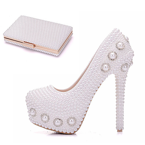 

Women's Wedding Shoes Platform Round Toe Wedding Pumps Vintage Sexy Roman Shoes Wedding Party & Evening PU Rhinestone Pearl Sparkling Glitter Solid Colored Color Block White
