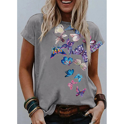 

Women's T shirt Graphic Butterfly Print Round Neck Tops Basic Basic Top White Black Blue