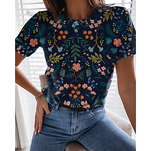 

Women's T shirt Graphic Floral Print Round Neck Tops Basic Basic Top Navy Blue