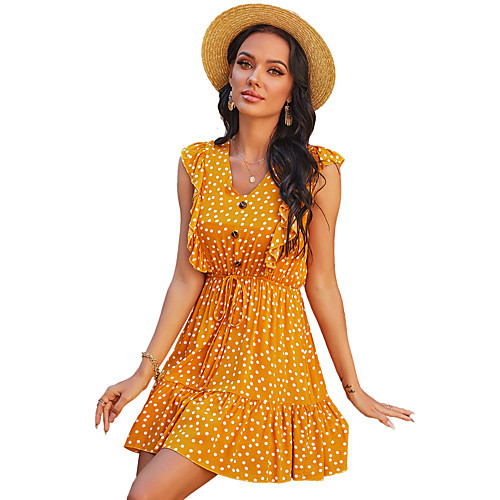 

Women's Sundress Short Mini Dress Blue Yellow Sleeveless Polka Dot Color Block Ruffle Print Summer V Neck Casual Cotton 2021 S M L XL