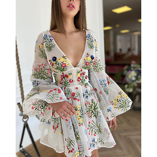 

Women's A Line Dress Short Mini Dress White Long Sleeve Floral Embroidered Fall Spring V Neck Elegant Vintage Lantern Sleeve Mesh S M L XL