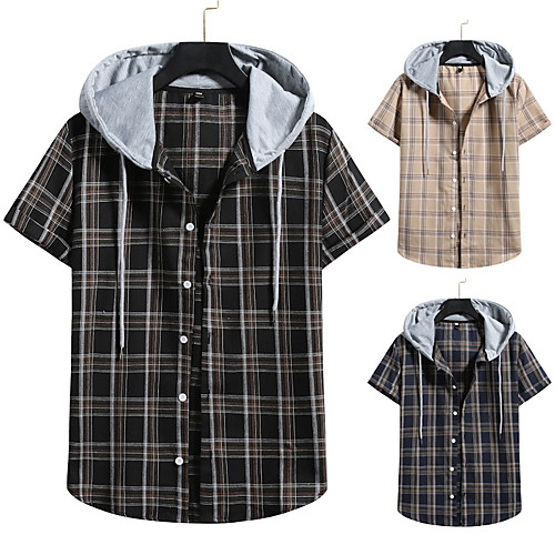 

Men's Shirt non-printing Lattice Color Block Plus Size Drawstring Short Sleeve Daily Tops Vintage Streetwear Black Khaki Navy Blue