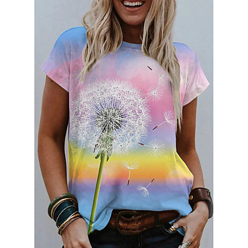 

Women's T shirt Graphic Scenery Dandelion Print Round Neck Tops Basic Basic Top Light Blue