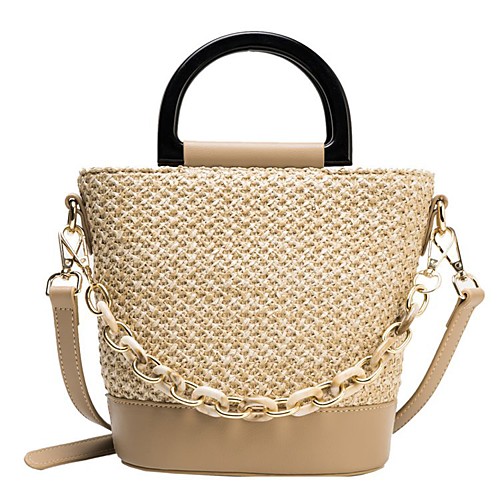 

Women's Bags PU Leather Crossbody Bag Straw Bag Zipper Chain Patchwork Plain Daily Going out 2021 Straw Bag Handbags Khaki Beige