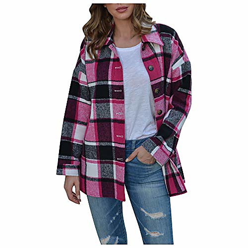 

Women's Casual Wool Blend Plaid Button Down Long Sleeve Shacket Jacket Fashion Loose Mid-Length Woolen Cloth Coat(Hot Pink .M)