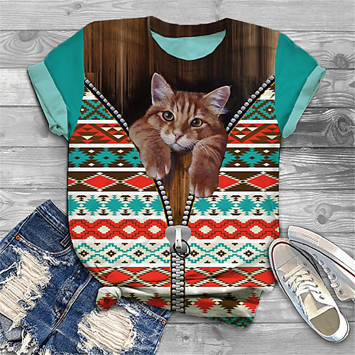 

Women's Plus Size Print Cat Graphic Tribal T shirt Large Size Round Neck Short Sleeve Basic Tops Big Size