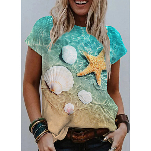 

Women's T shirt Graphic 3D Print Round Neck Tops Basic Beach Basic Top Green