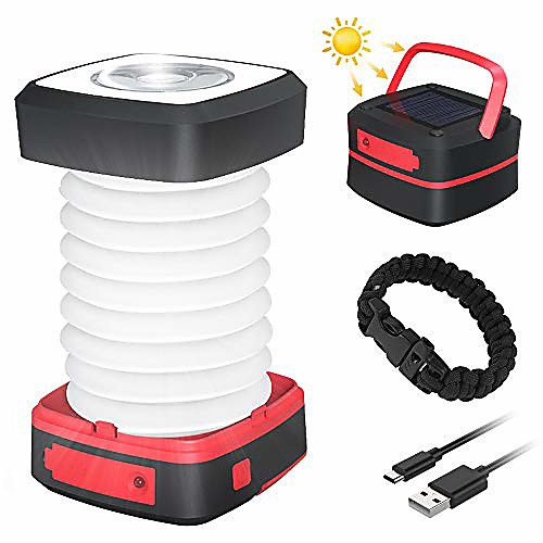 

led camping lamp foldable solar camping lantern energy bank with 2 charging methods (solar / usb) and 3 light modes for camping, fishing, emergencies -incl. survival bracelet with whistle (red)