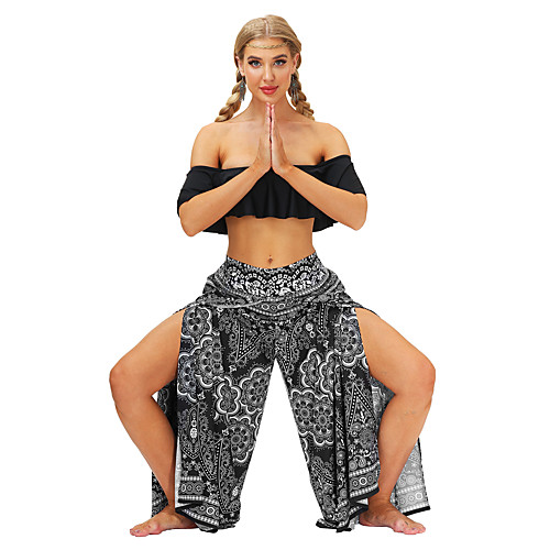

Women's Yoga Pants Wide Leg High Split Bottoms Breathable Quick Dry Bohemian BlackWhite Yoga Fitness Gym Workout Sports Activewear / Casual / Athleisure