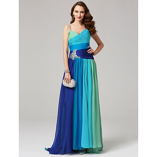 

A-Line Color Block Wedding Guest Formal Evening Dress Sweetheart Neckline Sleeveless Sweep / Brush Train Chiffon with Pleats Ruched Crystals 2021