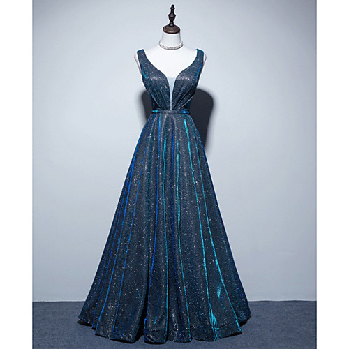 

A-Line Sparkle Elegant Prom Formal Evening Dress V Neck Sleeveless Floor Length Sequined with Sash / Ribbon Pleats Sequin 2021
