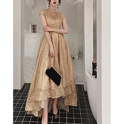 

A-Line Glittering Floral Wedding Guest Formal Evening Dress Stand Collar Short Sleeve Asymmetrical Lace with Pleats Pearls 2021