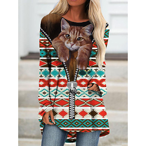 

Women's T Shirt Dress Tee Dress Short Mini Dress Long Sleeve Cat Color Block Geometric Print Fall Spring Casual 3D Print Black Beige S M L XL XXL 3XL