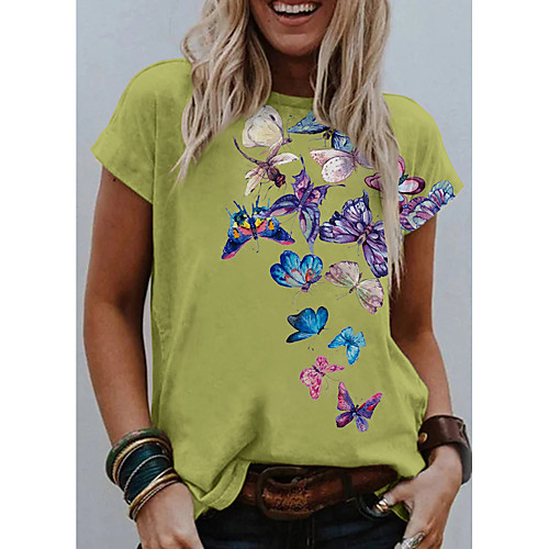

Women's T shirt Graphic Butterfly Print Round Neck Tops Basic Basic Top White Black Blue