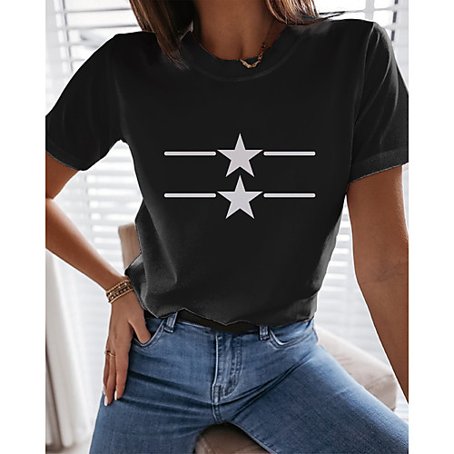

Women's T shirt Graphic Print Round Neck Tops Basic Basic Top Black