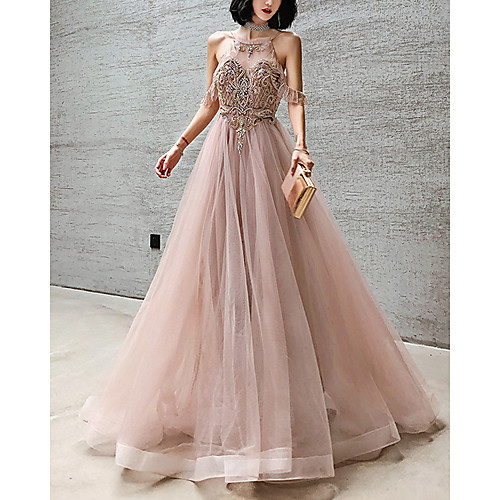 

A-Line Luxurious Sexy Engagement Formal Evening Dress Halter Neck Sleeveless Floor Length Tulle with Pearls Crystals Beading 2021