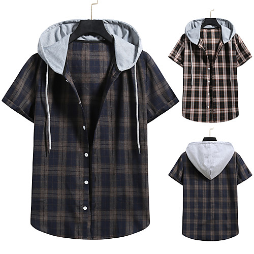 

Men's Shirt non-printing Lattice Color Block Plus Size Drawstring Short Sleeve Daily Tops Vintage Streetwear Black Navy Blue