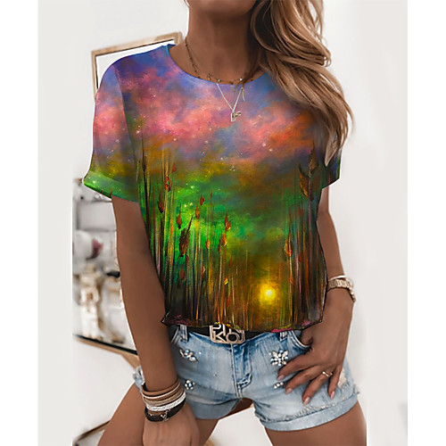 

Women's T shirt Graphic Scenery Print Round Neck Tops Basic Basic Top Green