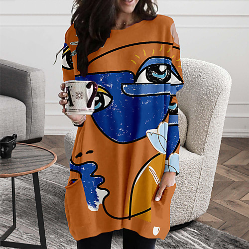 

Women's Shift Dress Short Mini Dress White Purple Yellow Khaki Green Light gray Dark Gray Long Sleeve Color Block Geometric Print Fall Spring Round Neck Casual 2021 S M L XL XXL 3XL
