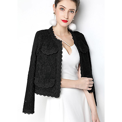 

Women's Elegant Open Front Round Neck Scallop Edge Lace Cardigan Short Jacket (Small, Black/Fleece Lined)