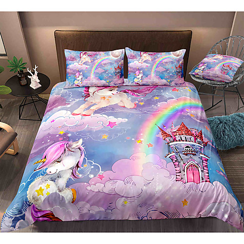 

Cartoon Unicorn 3-Piece Duvet Cover Set Hotel Bedding Sets Comforter Cover with Soft Lightweight Microfiber, Include 1 Duvet Cover, 2 Pillowcases for Double/Queen/King(1 Pillowcase for Twin/Single)