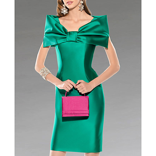 

Sheath / Column Mother of the Bride Dress Elegant Bateau Neck Knee Length Satin Short Sleeve with Bow(s) Draping 2021