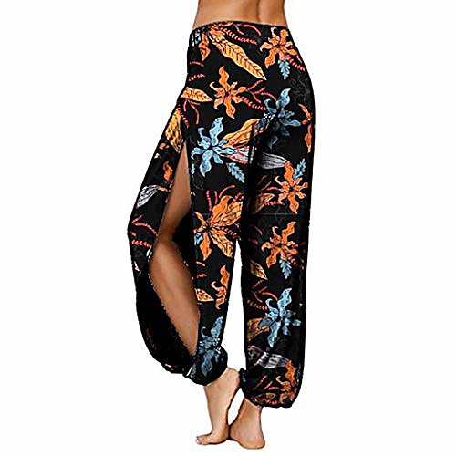 

LATINDAY High Slit Floral Print Harem Pants Women Hippie Harem Pants Trousers Orange