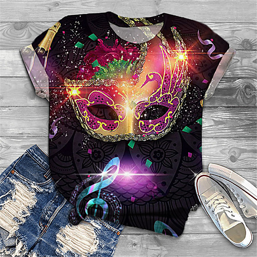 

Women's Plus Size Print Graphic Feathers Mask T shirt Large Size Round Neck Short Sleeve Tops Big Size