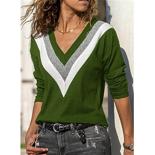 

Women's T shirt Striped Color Block Long Sleeve Print V Neck Tops Basic Basic Top Blue Green